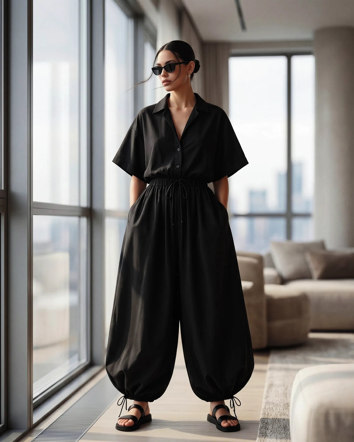 Black Shirt-Collar Balloon Jumpsuit
