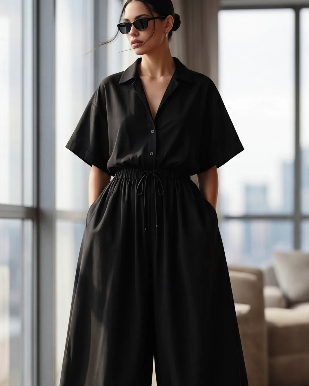 Black Shirt-Collar Balloon Jumpsuit – detail