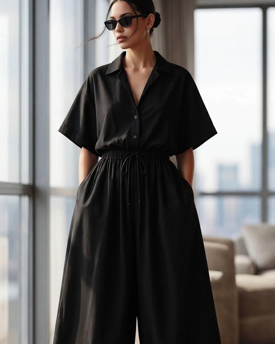 Black Shirt-Collar Balloon Jumpsuit – detail