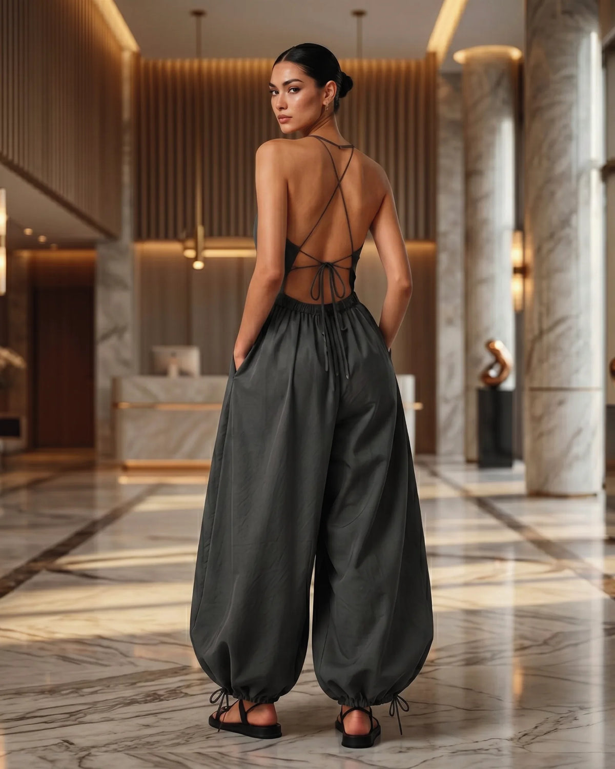 Charcoal Strappy-Back Balloon Jumpsuit