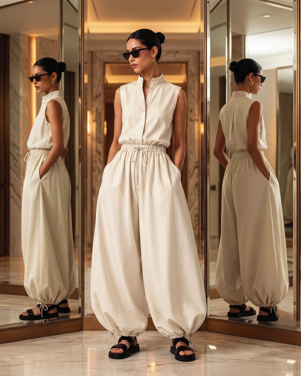 Ivory Band-Collar Balloon Jumpsuit