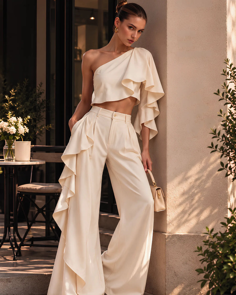 Ivory One-Shoulder Ruffle Top & Trouser Set