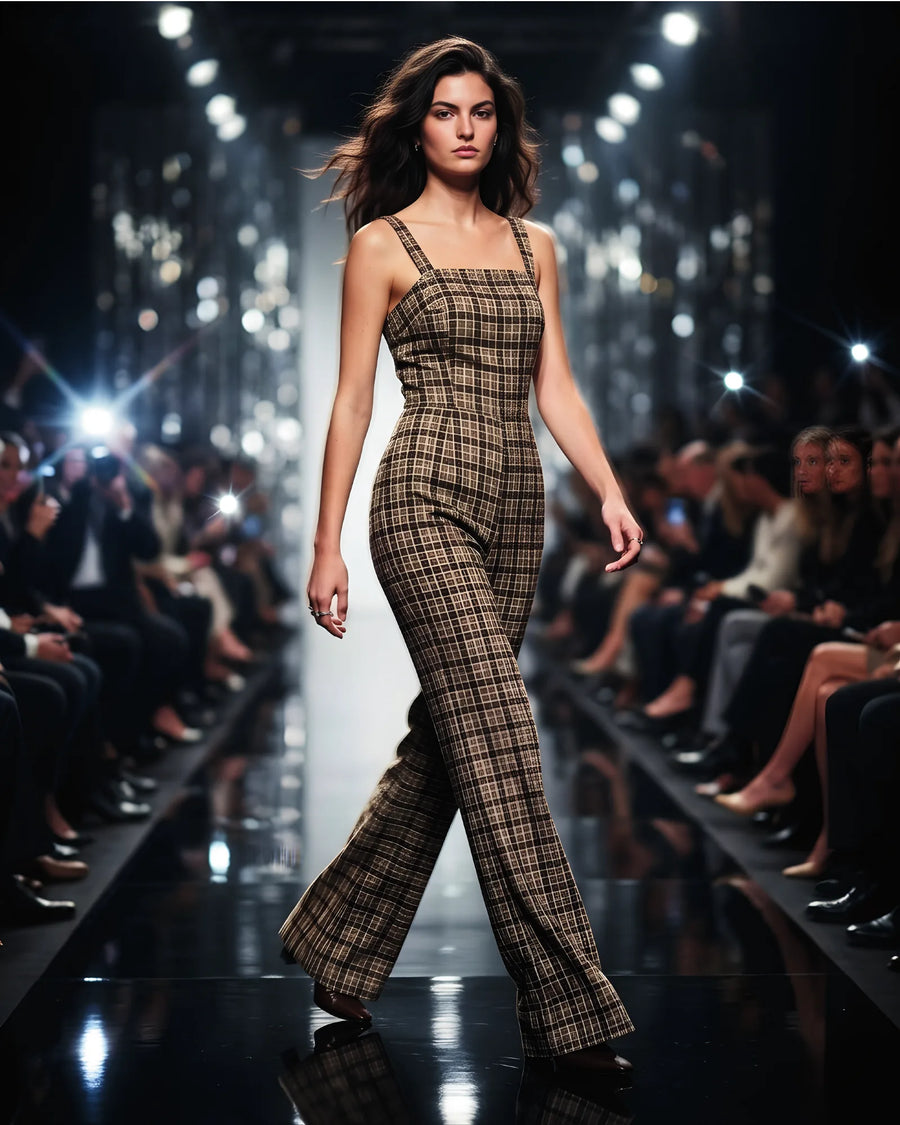 Mocha Check Wide-Leg Jumpsuit