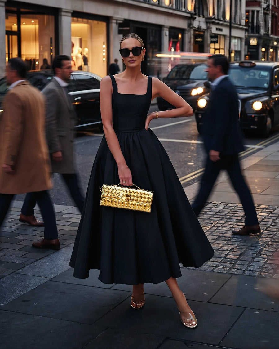 Navy Square-Neck Midi Dress