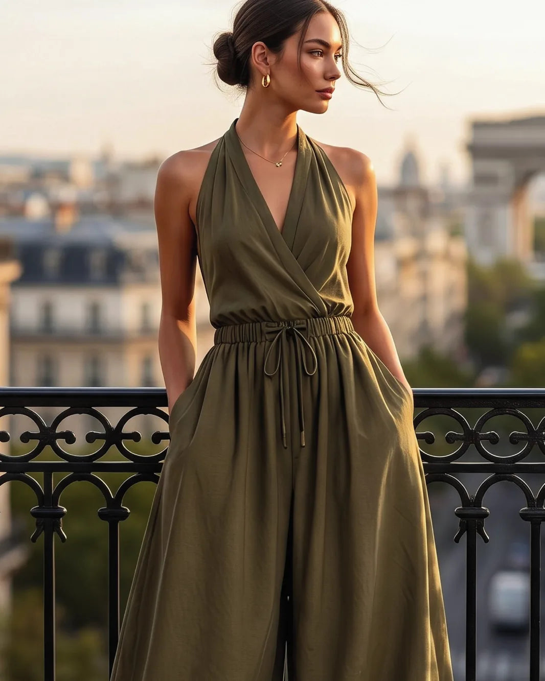 Olive Halter Wrap Balloon Jumpsuit – detail