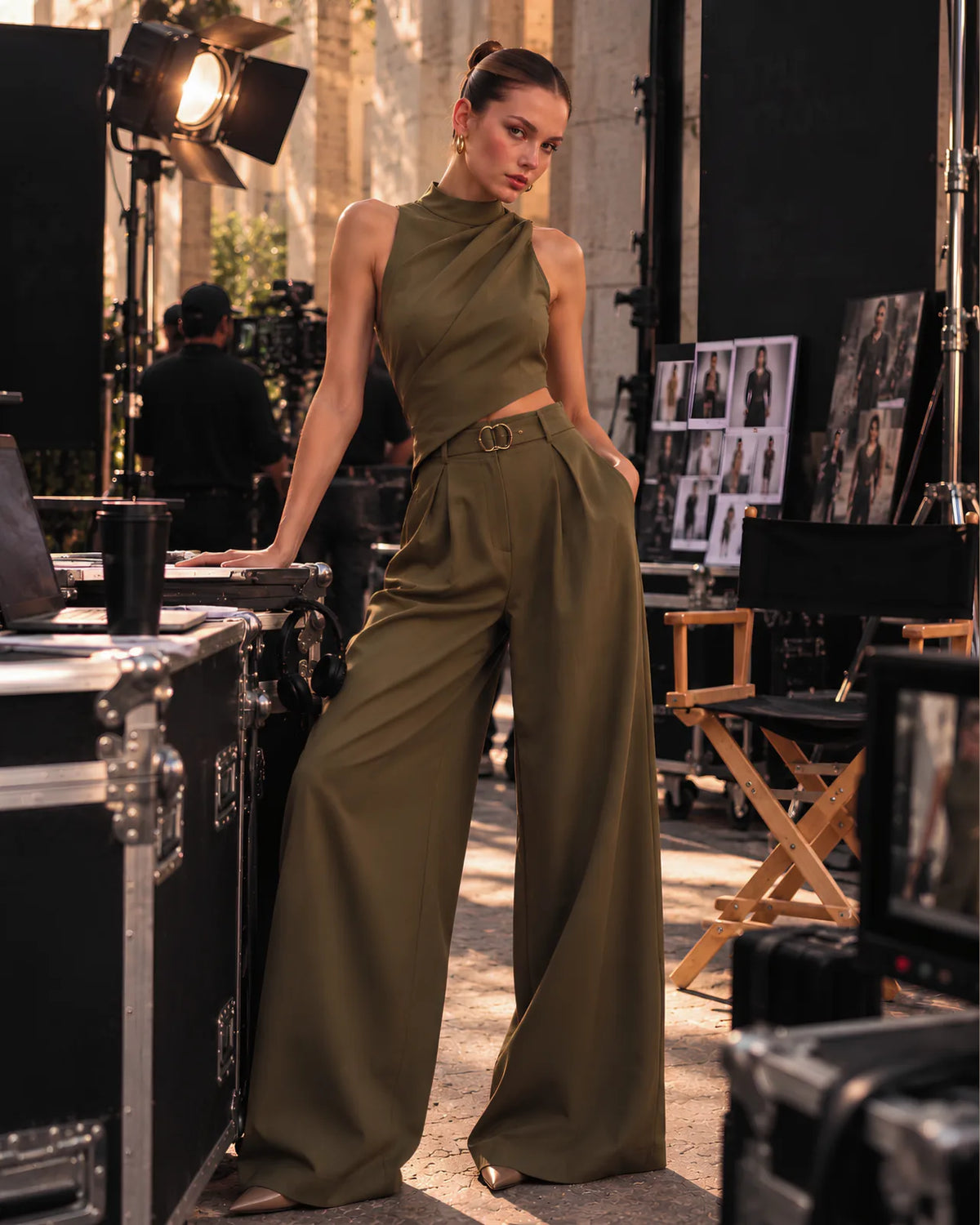 Olive Mock-Neck Top & Trouser Set
