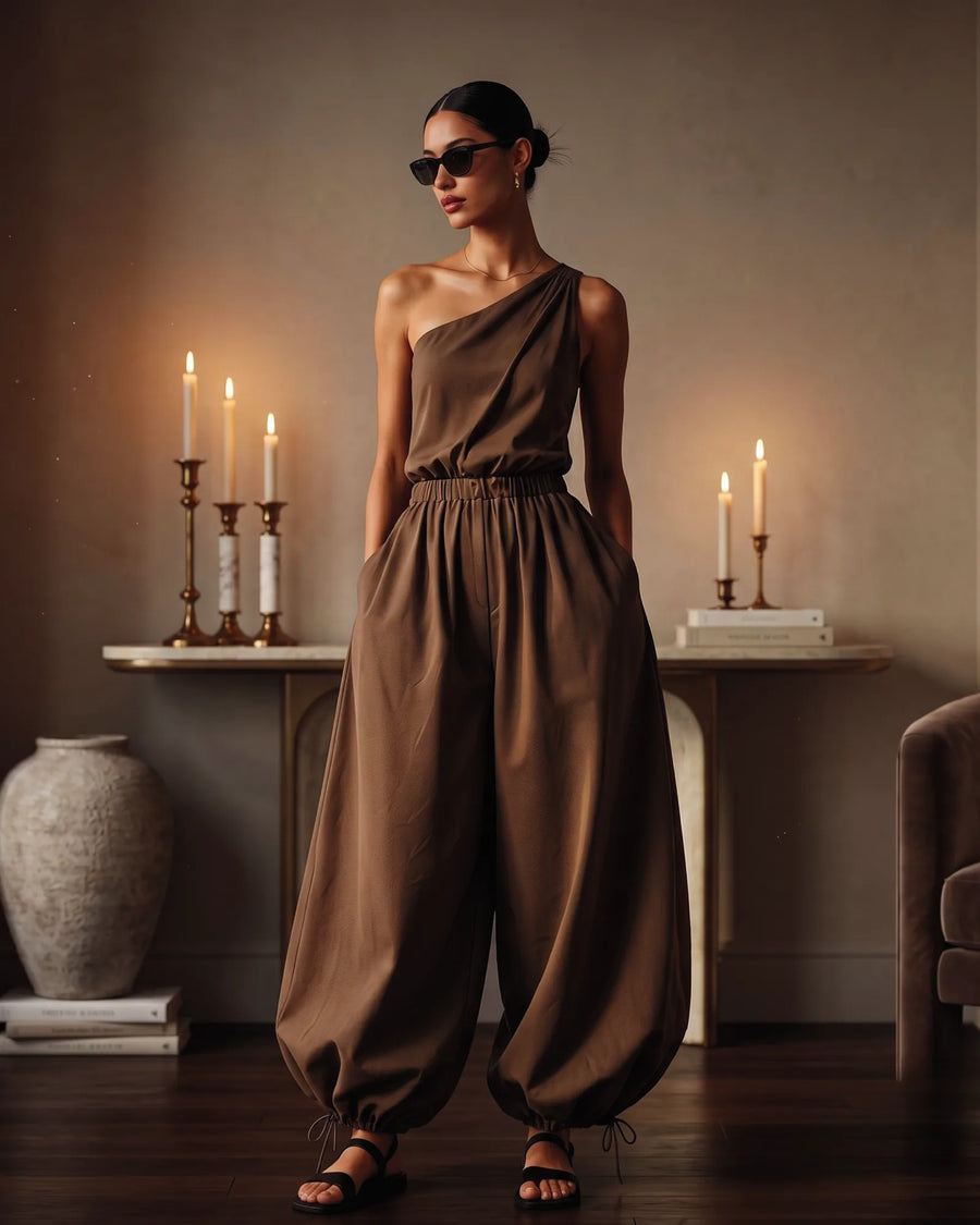 One-Shoulder Balloon Jumpsuit – mocha