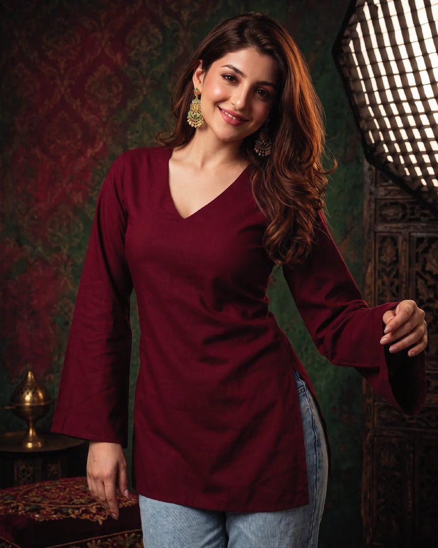 Oxblood V-Neck Bell-Sleeve Top