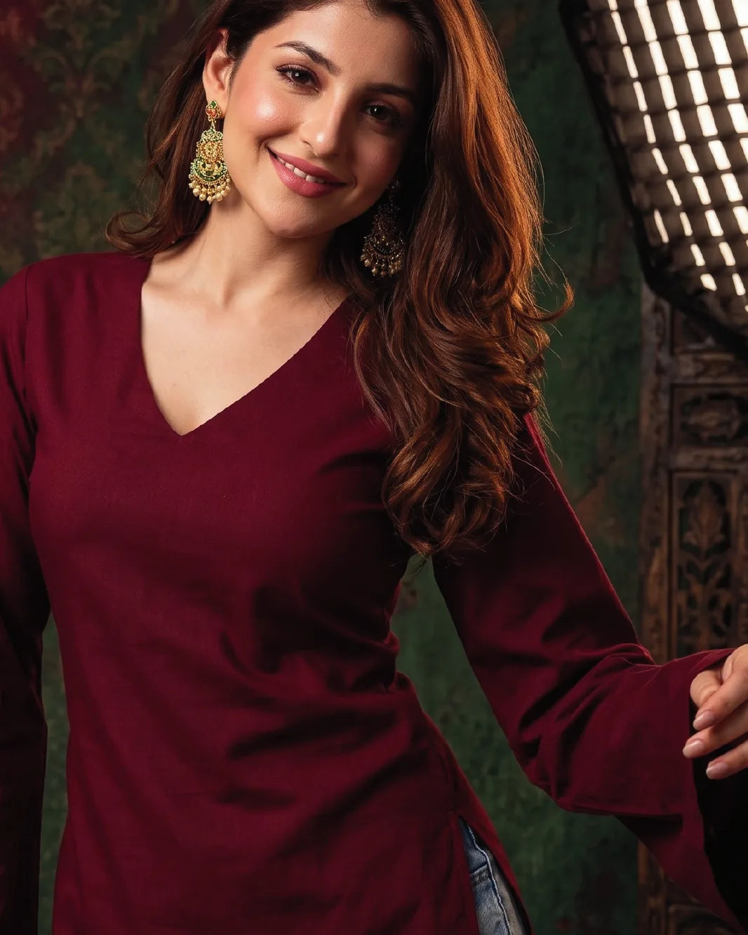 Oxblood V-Neck Bell-Sleeve Top – detail